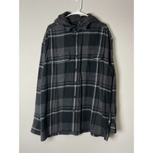 American Eagle‎ Hoodie Mens XL BLACK Plaid Hooded Button Up Fleece SHIRT
